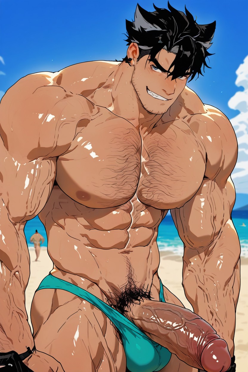 Beach, Inflated Pectorals, Naked Muscle AI Gay Porn
