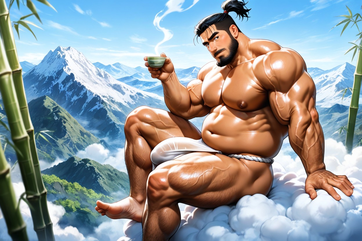Peaceful Expression, Detailed Veins, Cock Covered By Fundoshi AI Gay Porn