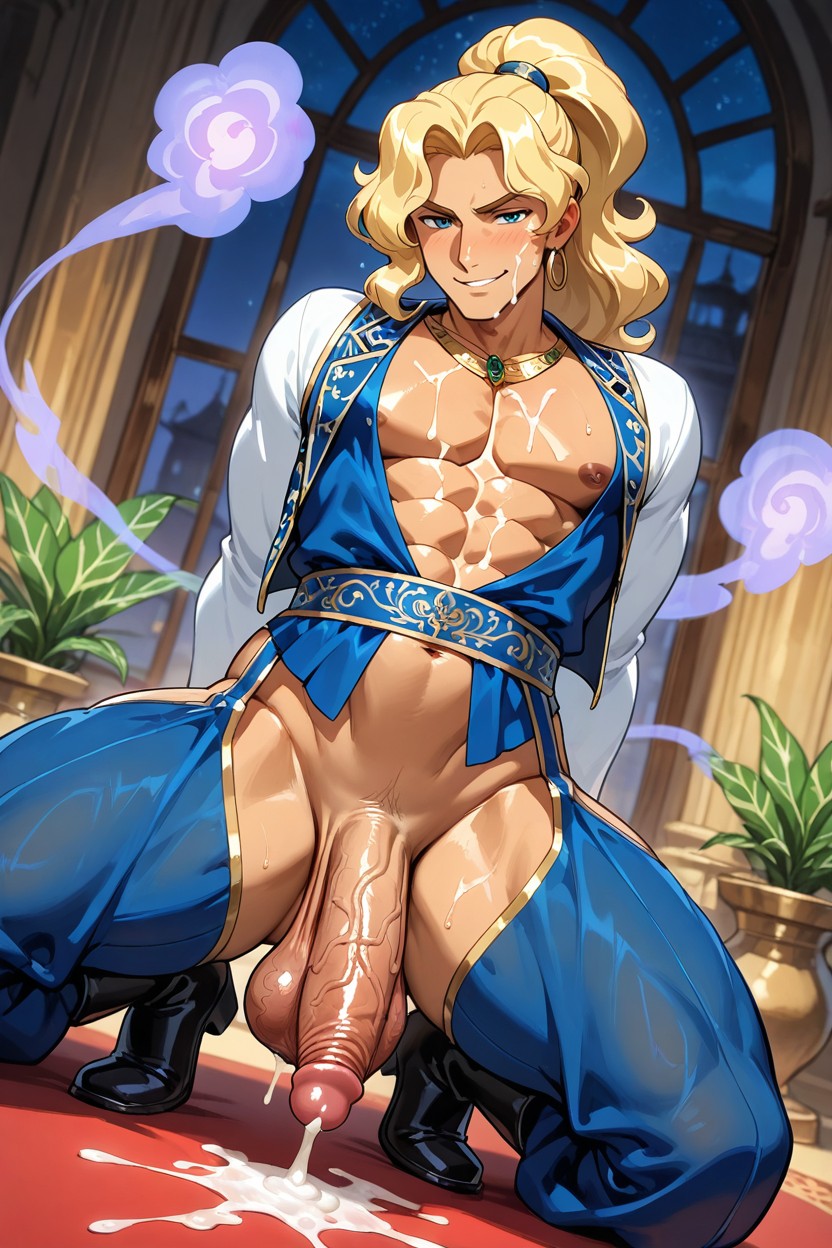 Tall, Embroidered Open Front Ornate Blue Velvet Arab Vest, Sexy Nipples AI Gay Porn