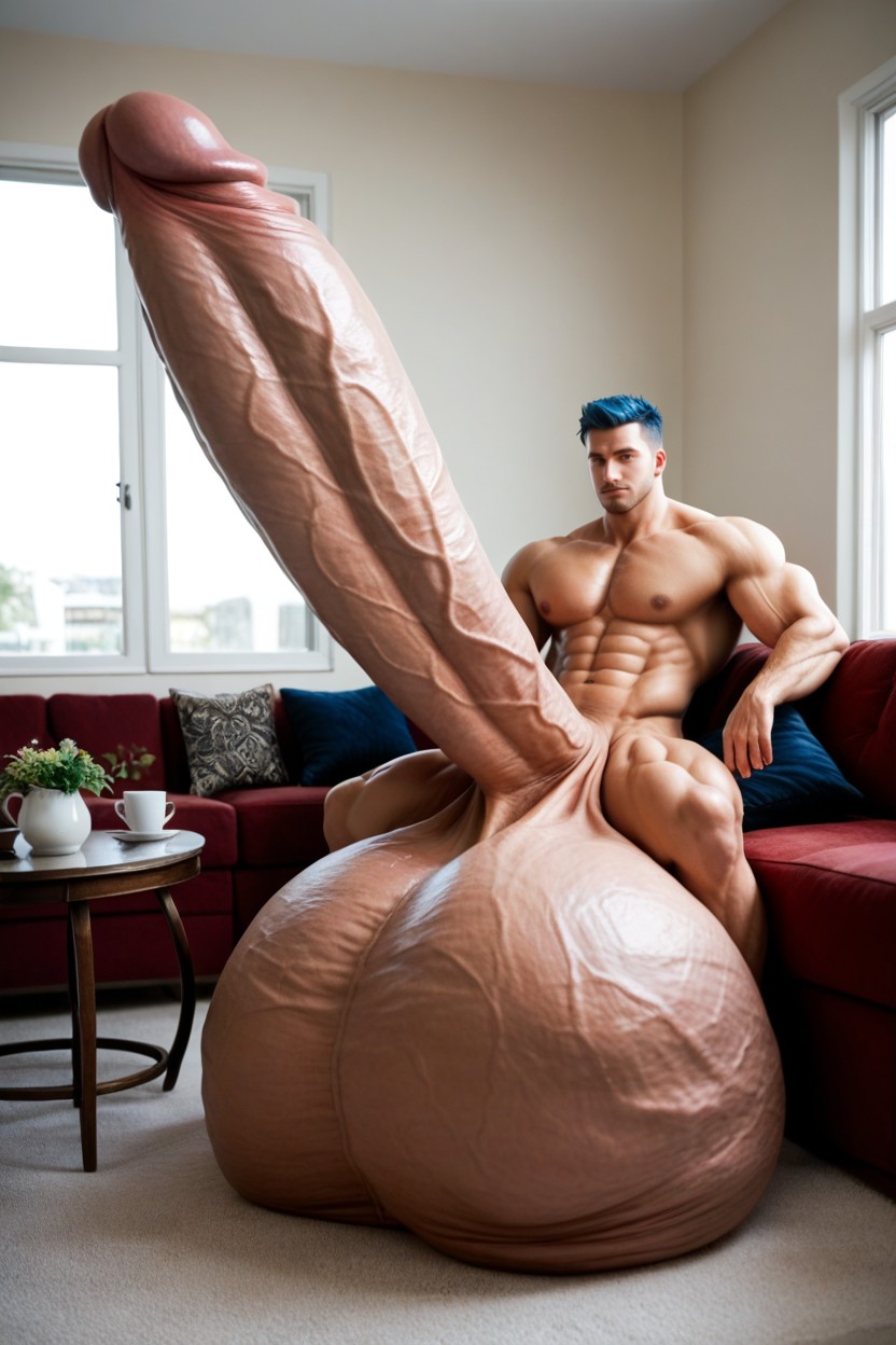 Oversized Hyper Gigantic Balls, Staring At Viewer, Cock Growth AI Gay Porn