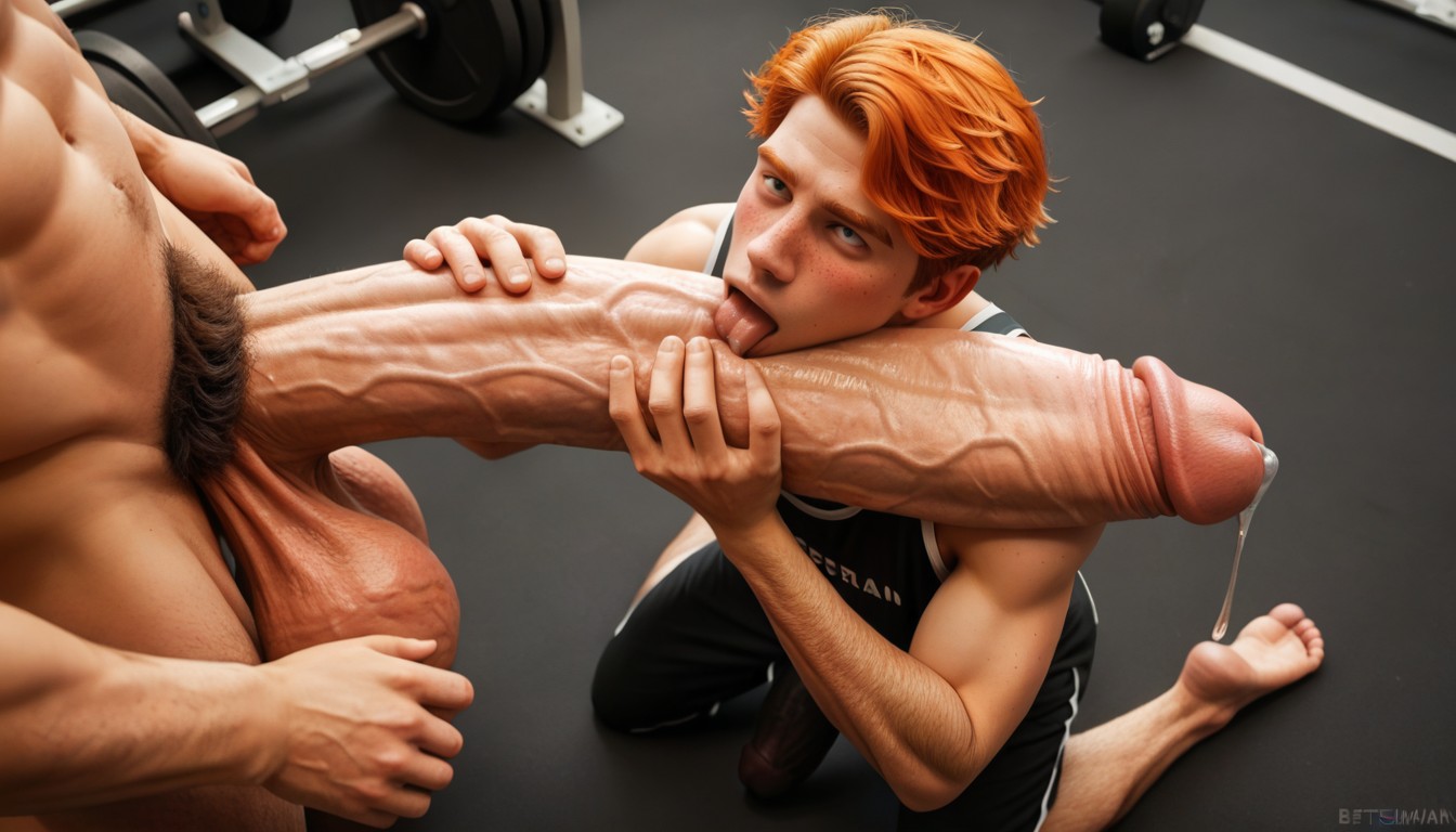 Clear Translucent Precum Dripping From Tip, Freckles, Hugging Cock AI Gay Porn