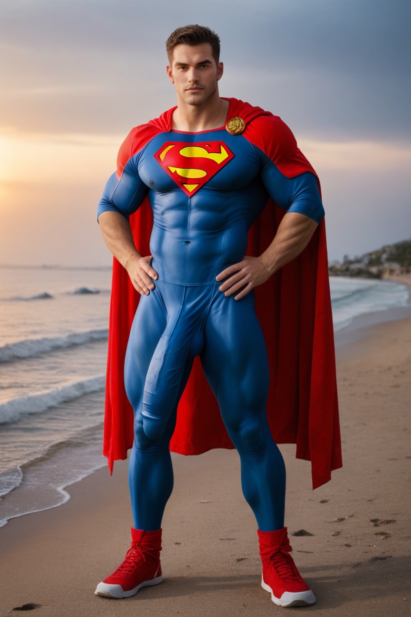 Extremely Muscular Man With Huge Straight Hyper Cock Crotch Bulge Hanging To His Ankles, Waist Shot, Sunny Beach AI Gay Porn