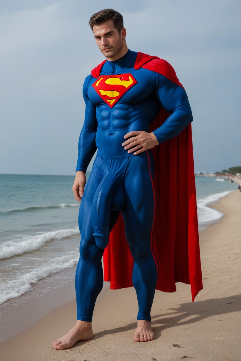 Skin Tight Leggings Clearly Showing Massive Bulge Outline Underneath, Bright Sunny Day, Spandex Wet Look Superman Suit AI Gay Porn