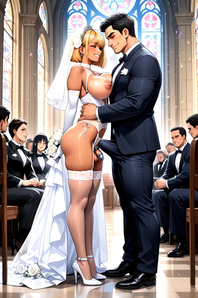 Dark Puffy Nipples And Big Tits, Groom Is Much Taller And Really Muscular, Groom Is Blonde AI Gay Porn