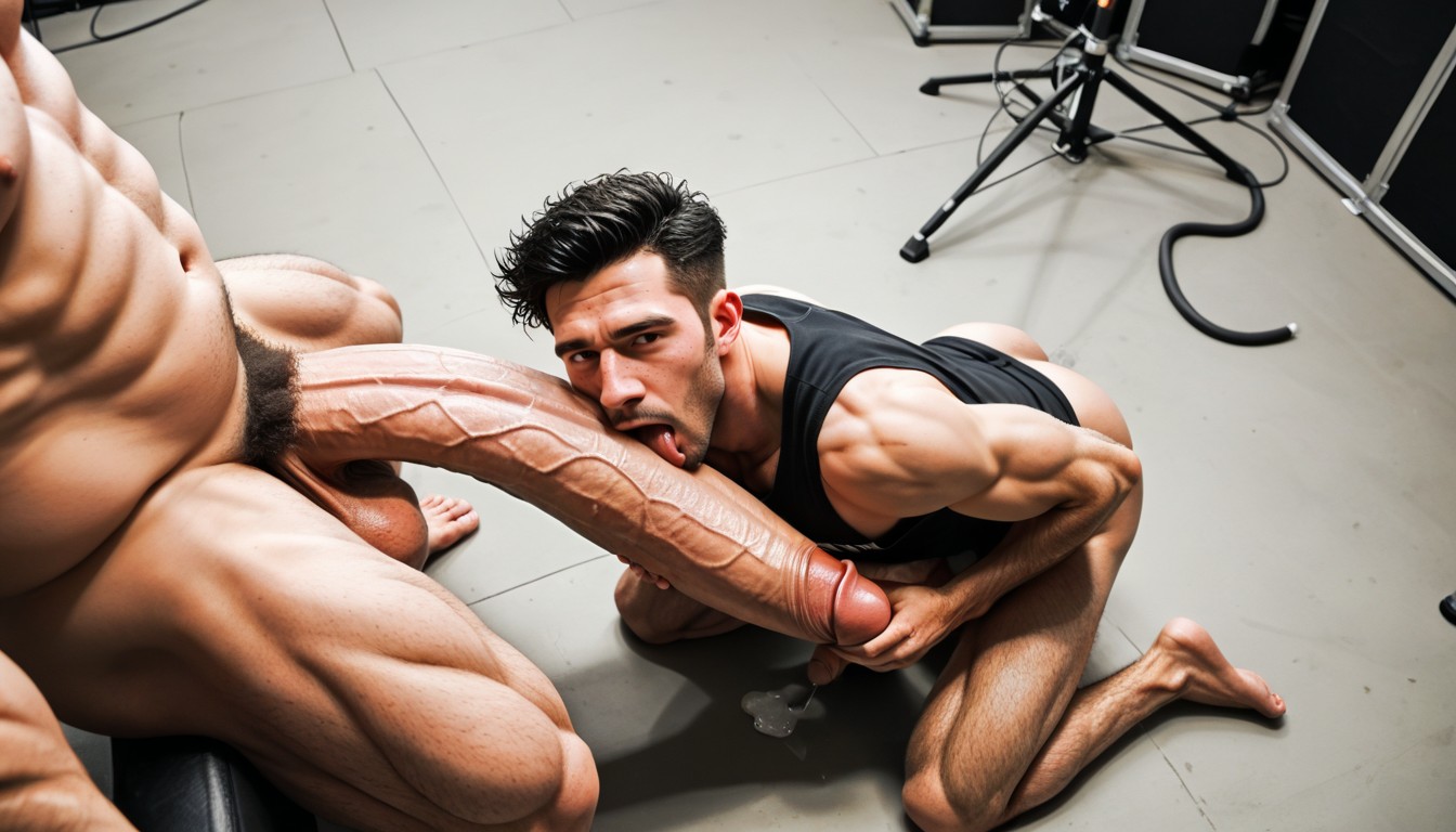 Cock Much Taller Than Him, Hugging Cock, Looking Up At Him AI Gay Porn