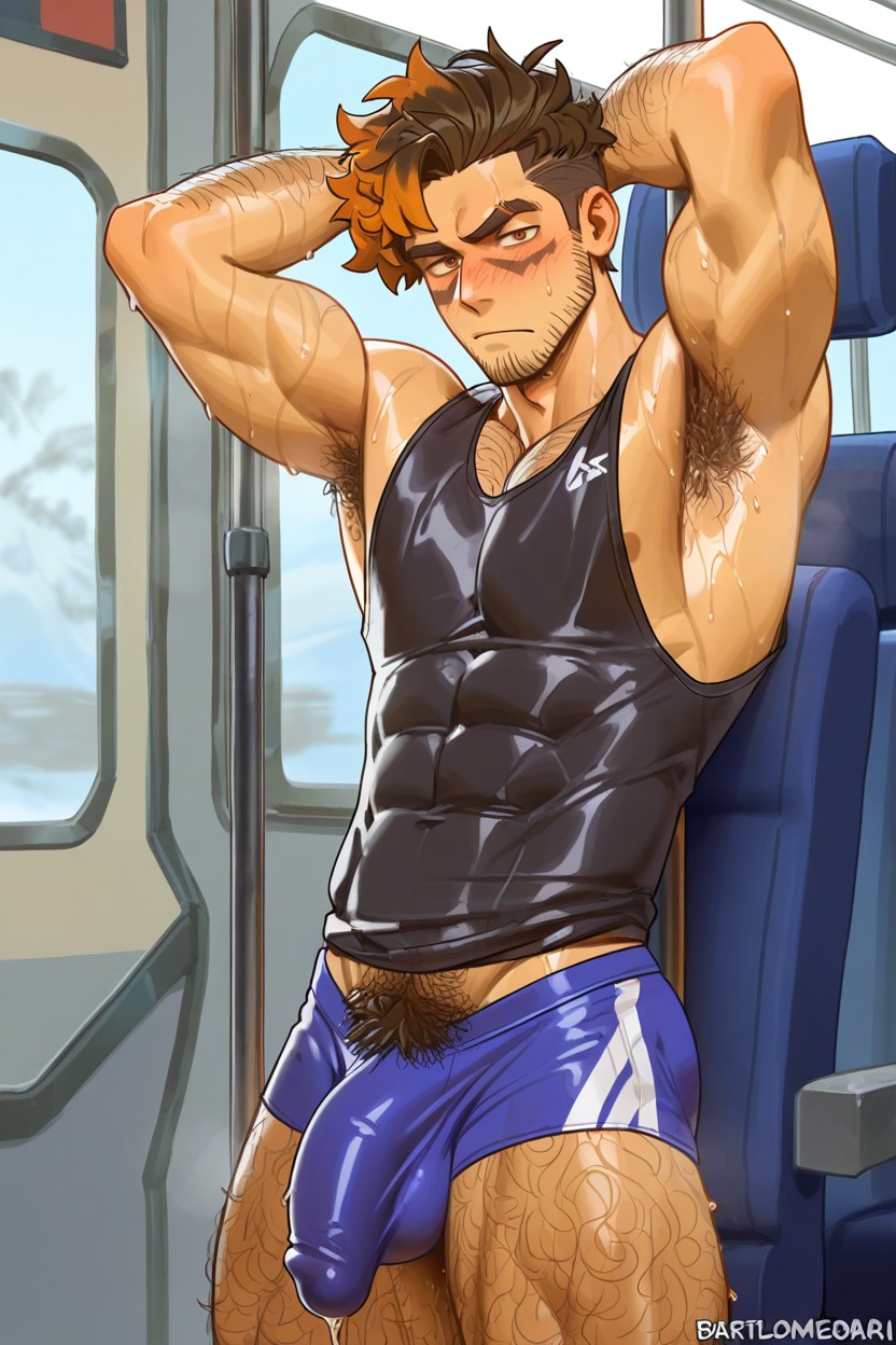 Erect Penis, Rizado, Bus Interior Backgroundextremely Sweaty Porno gay IA