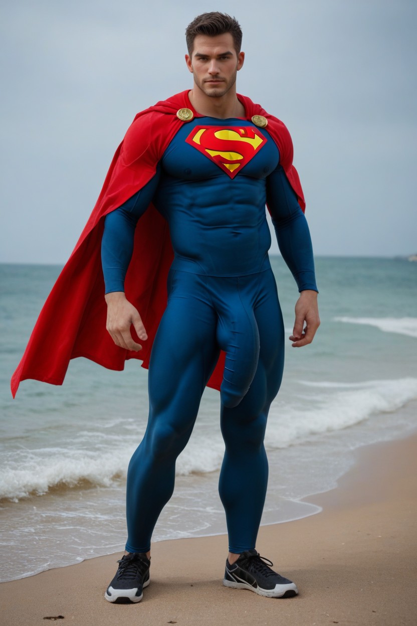 Skin Tight Leggings Clearly Showing Massive Bulge Outline Underneath, Superman's Tights With Huge Hyper Bulge Hanging To His Ankles, Red Cape AI Gay Porn