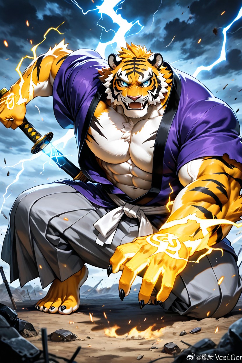 Crouching Dynamic Battle Stance, Dramatic Lighting, White Muzzle And Chest Fur AI Gay Porn