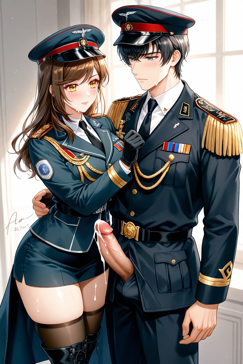 Sharp Yellow Eyes, White Fluid Spurts From The Penis, Military Black Cap AI Gay Porn