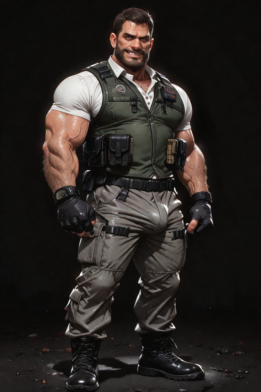 Thick Eyebrows, Bubble Chest, The Man Is Chris Redfield From Resident Evil Wearing Tight White Buttoned Shirt AI Gay Porn