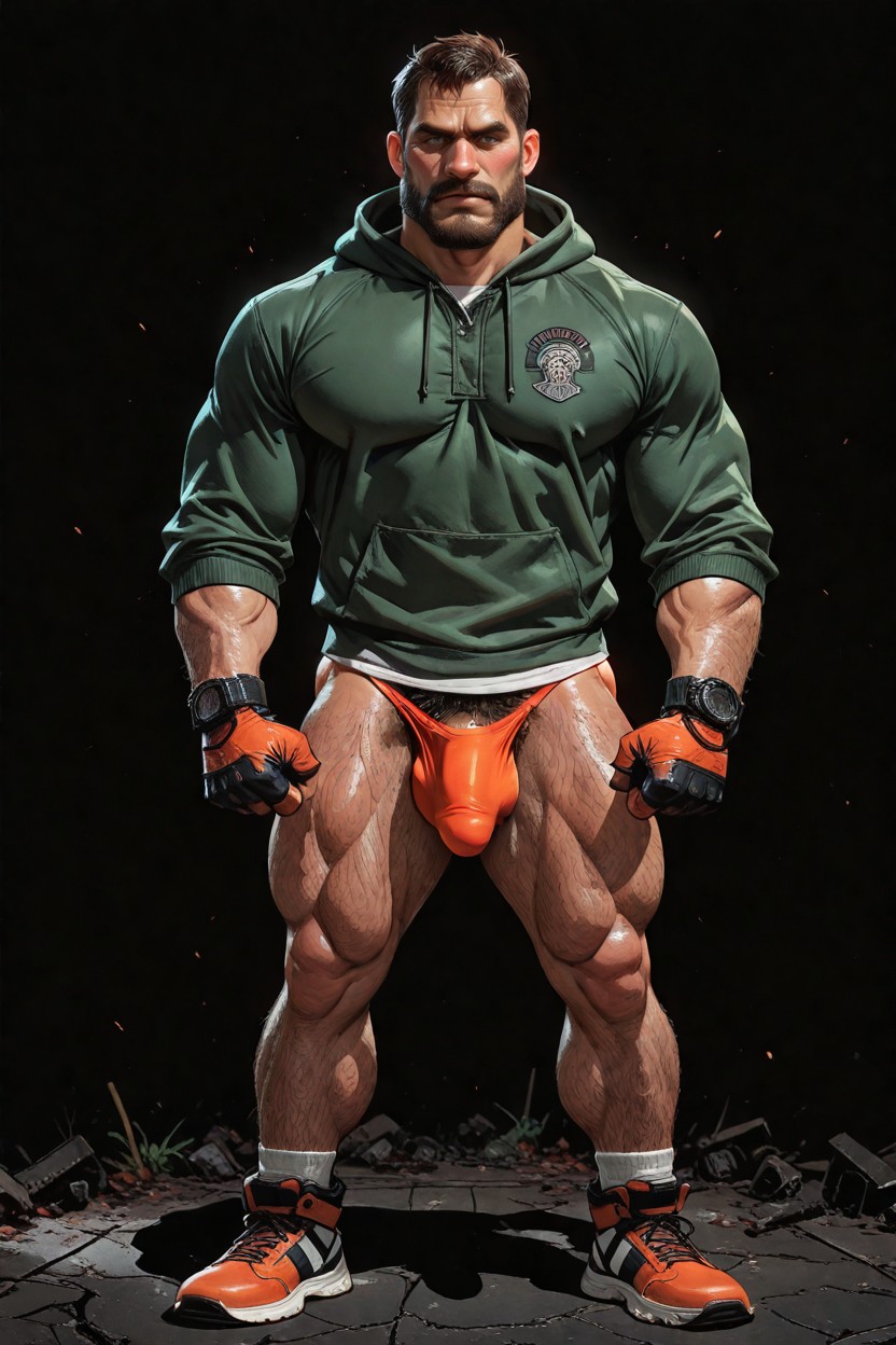 Arms Relaxed, Has Muscle Body And A Lot Of Body Hair, Oversize Pecs AI Gay Porn