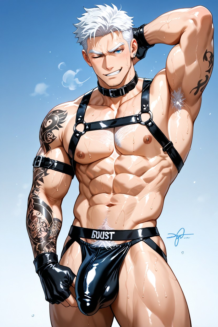 Black Latex Jockstrap, White Chest Hair, Silver Lip Piercing AI Gay Porn