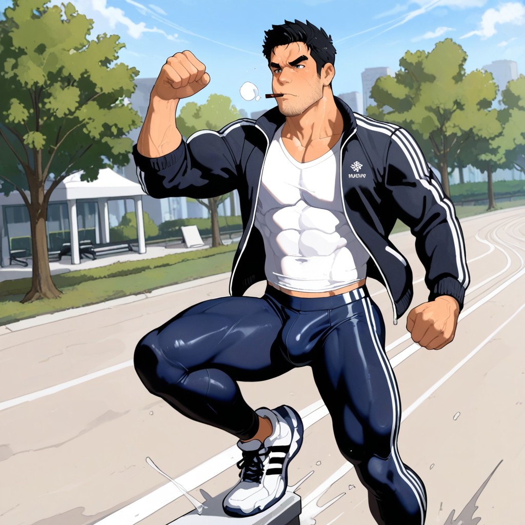 White T-shirt Under Jacket, Run Fast Sideways, Handsome And Stocky Man AI Gay Porn