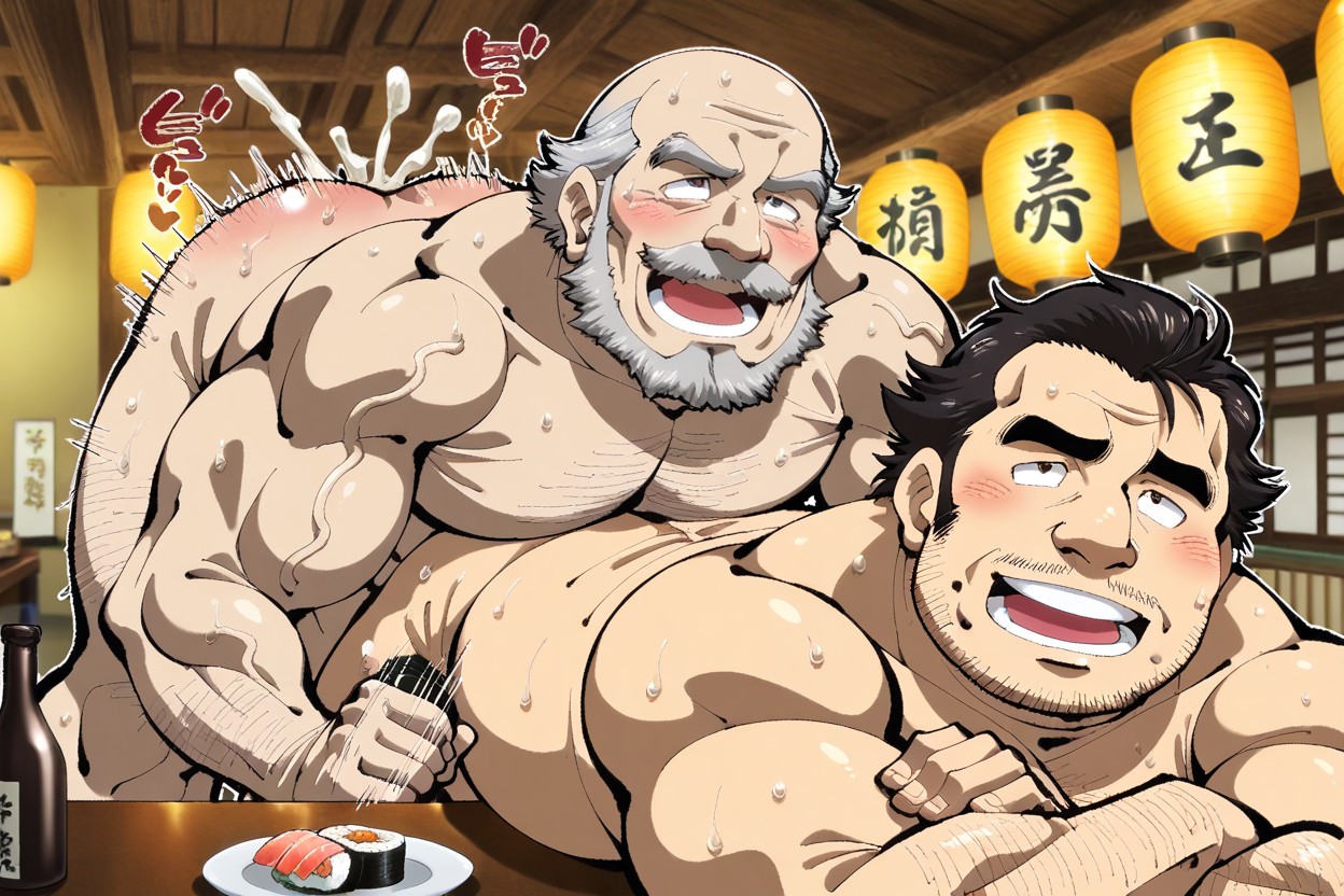 Defined Abs And Deep Muscle Striations, Man, Japanese Restaurant Interior With Glowing Paper Lantern AI Gay Porn