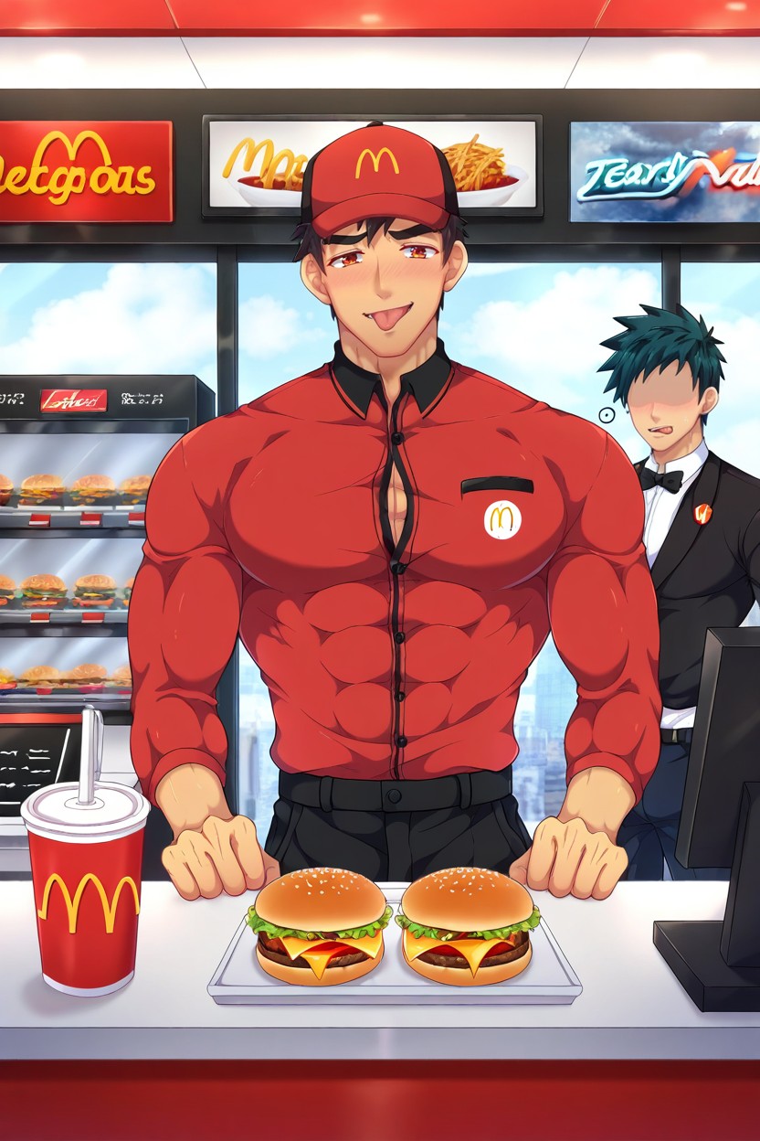 Tightclothes, Hand-sized Waist, Wearing Mcdonald's Cap AI Gay Porn