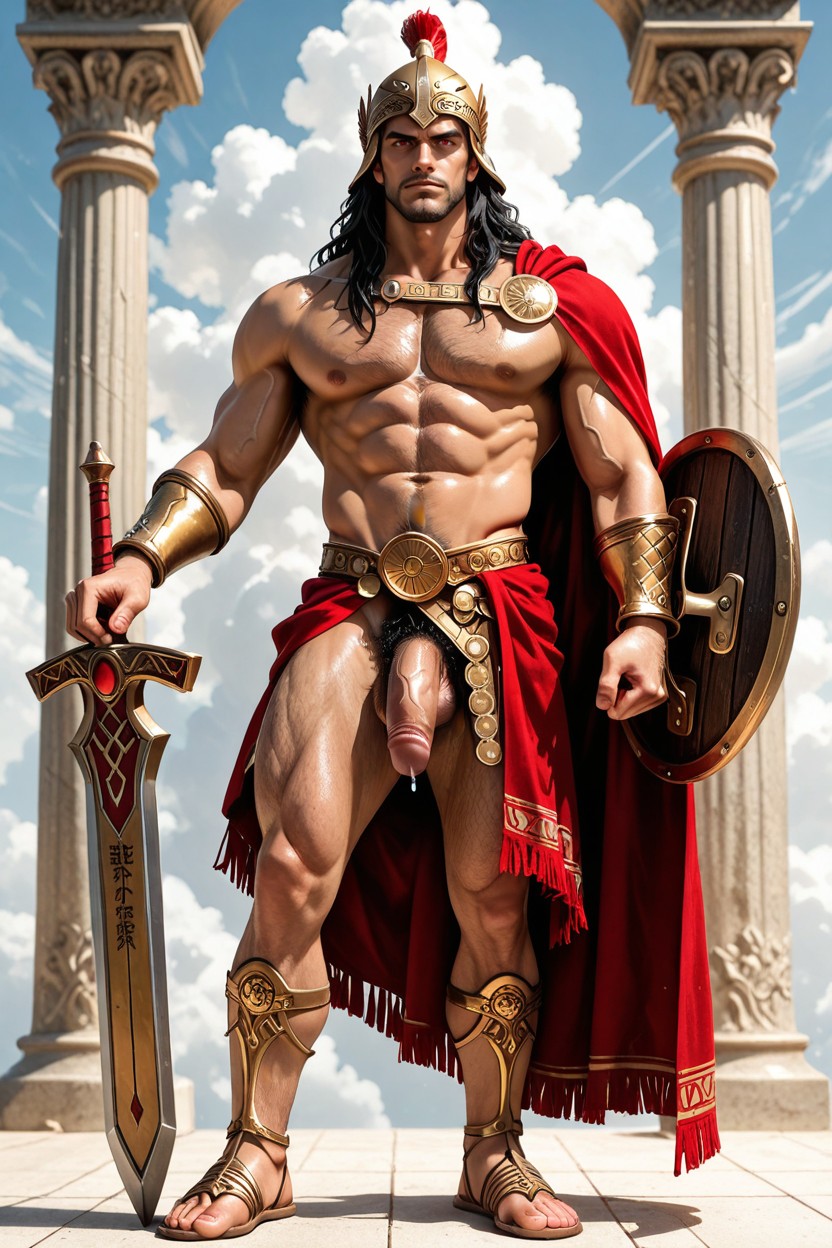 Medium, Red Eyes, A Greek Warrior Helmet On His Head AI Gay Porn