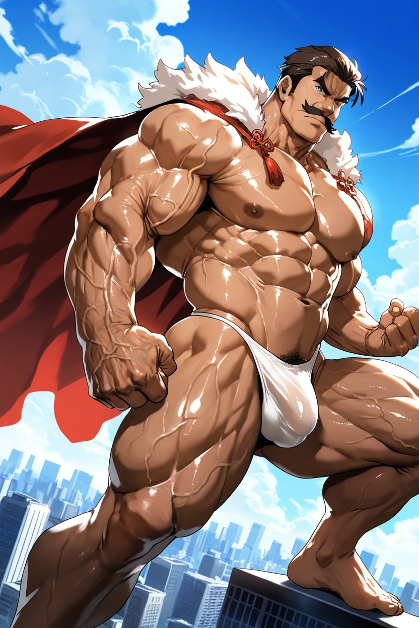 Dark Brown Hair, One Arm Extended Forward, Thick Mustache AI Gay Porn