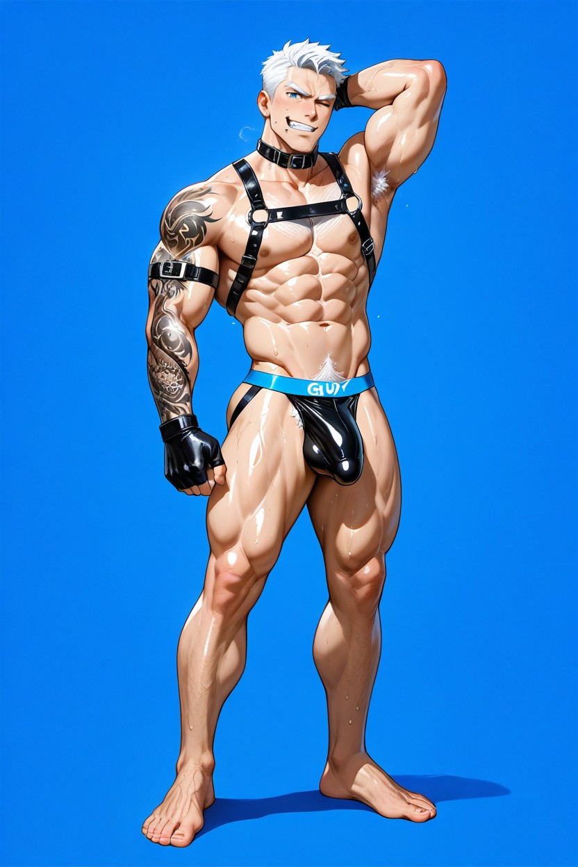 One Hand Rubbing Shiny Bulge, White Hair, Tattoo AI Gay Porn