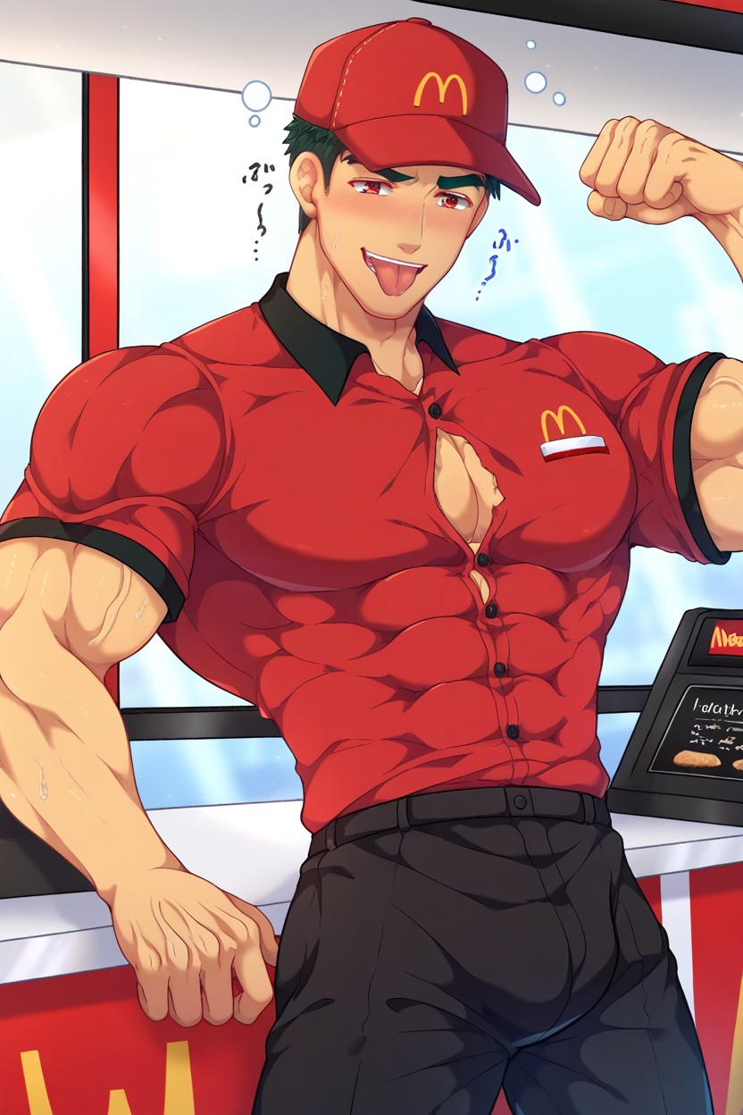 Wearing Mcdonald's Cap, Narrowaist, Sleeve Get Broken AI Gay Porn