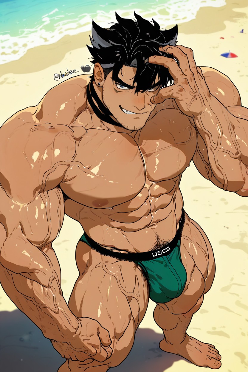 Looking Upwards, Manly Face, Shiny Skin AI Gay Porn