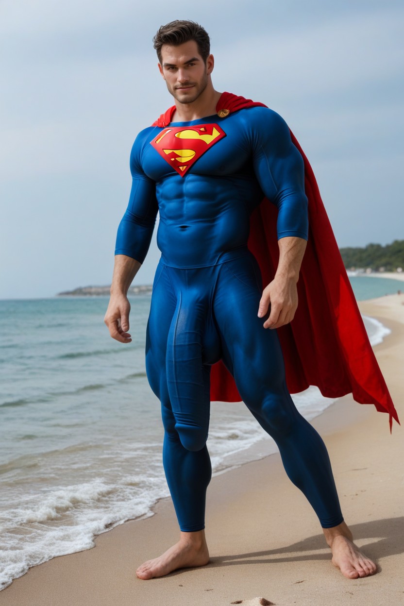 Safe For Work, Red Cape, Tight Clothing Covering Gigantic Colossal Bulge Hanging To His Ankles Porno IA Gay