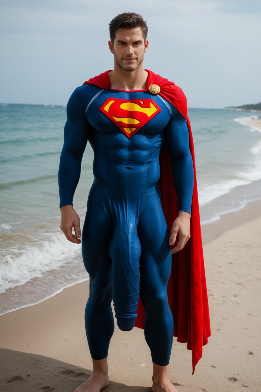 Red Cape, Fully Clothed Superman With Giant Veiny Cock Outline Under Clothes, Fully Covered Porno IA Gay