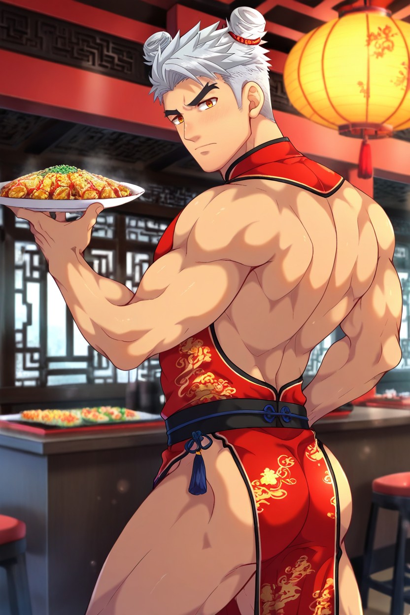 Chinese Restaurant Costume, Cinematic Moody Lighting, Japanese Male AI Gay Porn