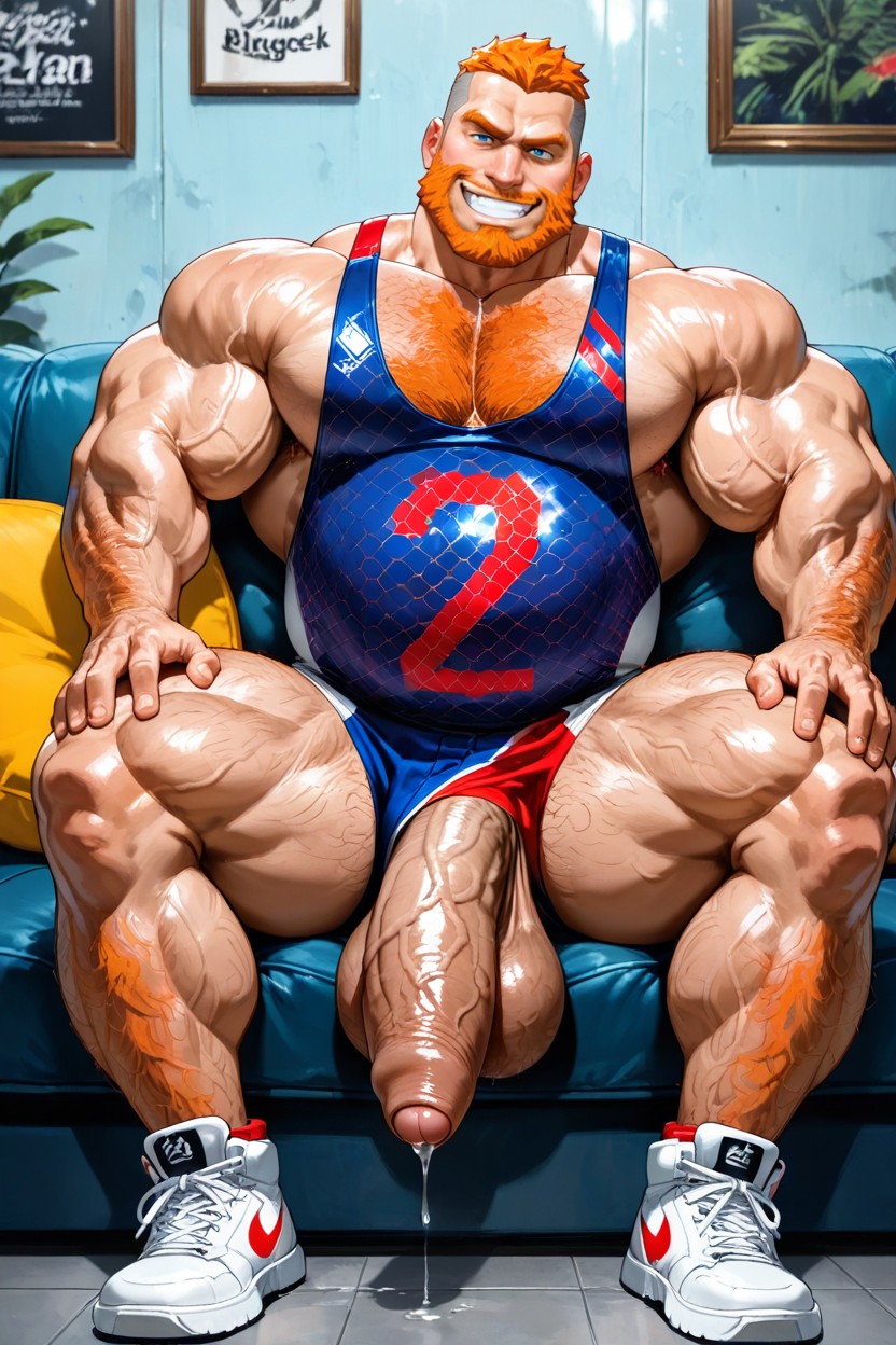 Sitting Down Legs Spread, Side View, Gigantic AI Gay Porn