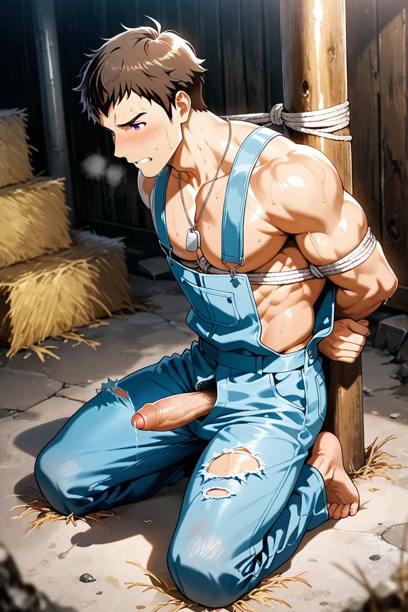 Torn-up Dungaree Shirt, Muscle Man, Man Has Arms Behind His Back Porno IA Gay