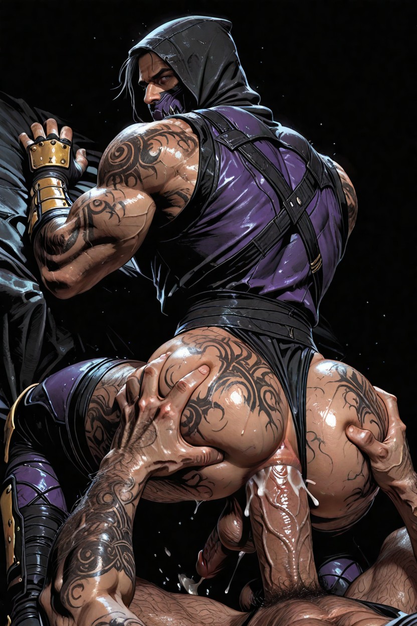 Wearing A Purple Ninja Mask And A Tight-fitting Black Fabric Hood That Covers His Entire Head, Legs Spread, Wide Angle Porno gay IA