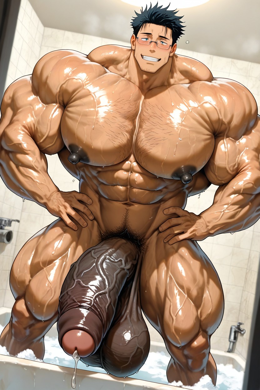 Vivid Cinematic Light Casting Rembrandt-style Deep Shadows On His Massive Bulking Body, Oversized Muscles, Hairy Crotch AI Gay Porn