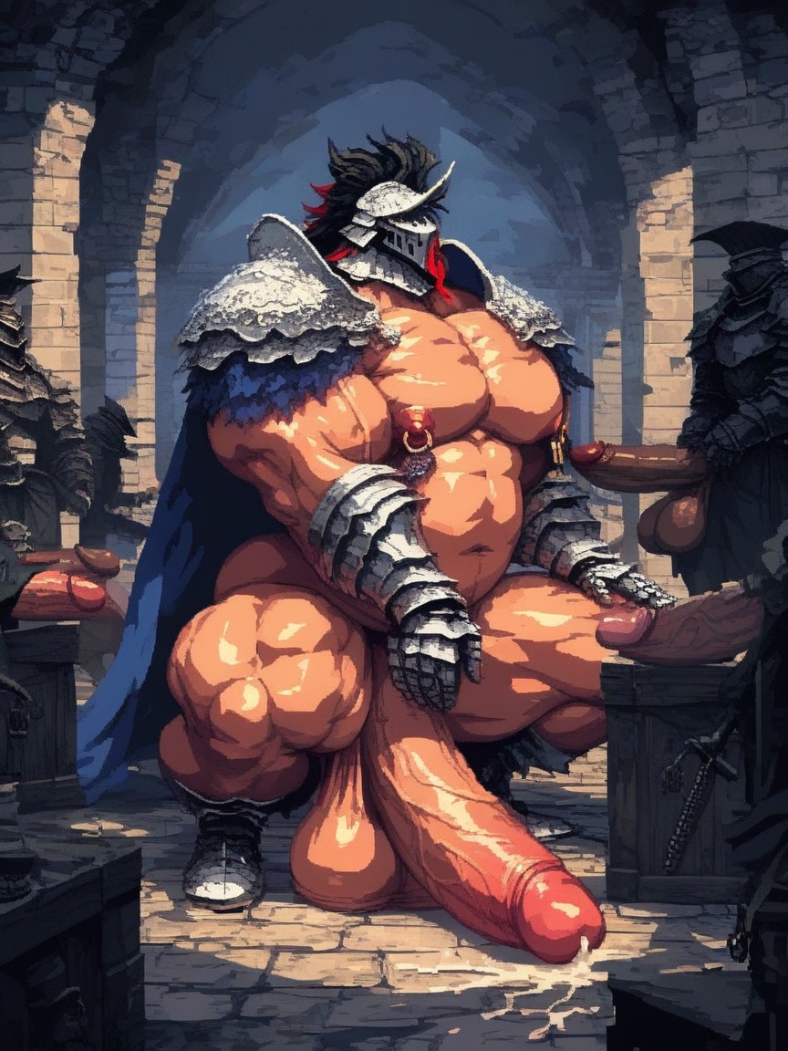 Warm Light, Gigantic Oversized Heavy Sagging Balls, Cum Dripping From Penis AI Gay Porn