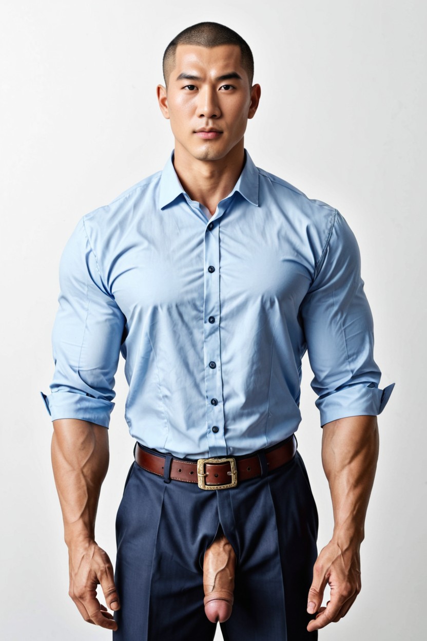 Shirt Tucked Into Trousers, Medium, Simple White Background AI Gay Porn