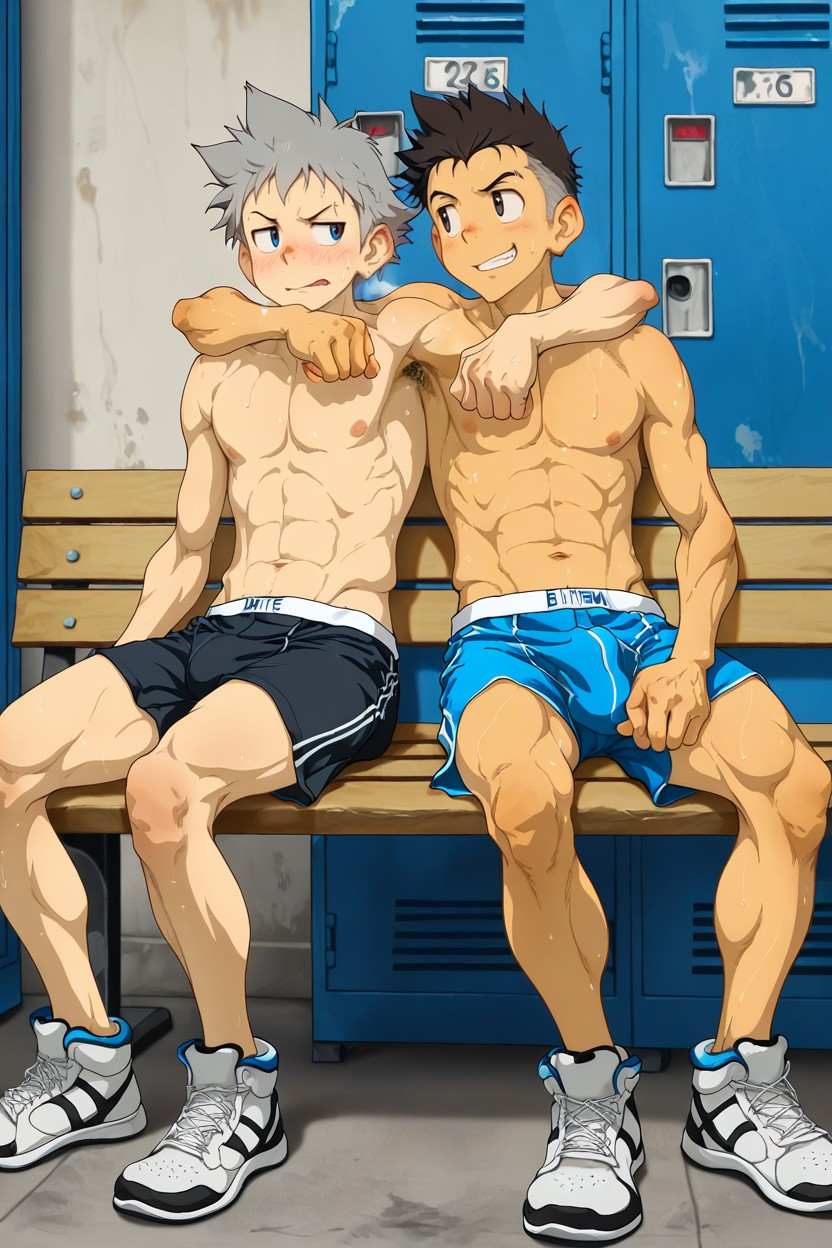Shirthless, One On Shortts, Two Muscular Jocks AI Gay Porn