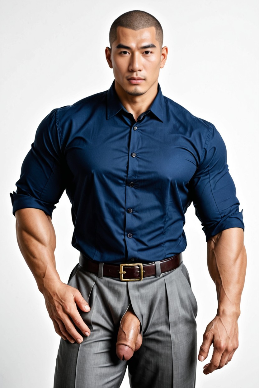 Belt Worn Normally Through The Belt Loops, Tailored Fit, Impossibly Huge Muscles AI Gay Porn