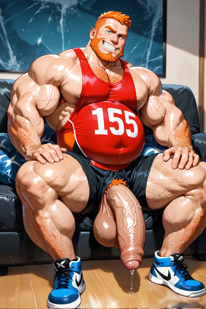 Gigantic, Sitting Down Legs Spread, Smug Expression AI Gay Porn