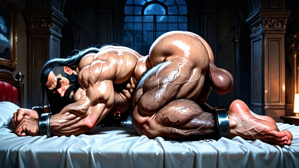 Very Sweaty And Oiled, Showing Back, One Leg Bent AI Gay Porn