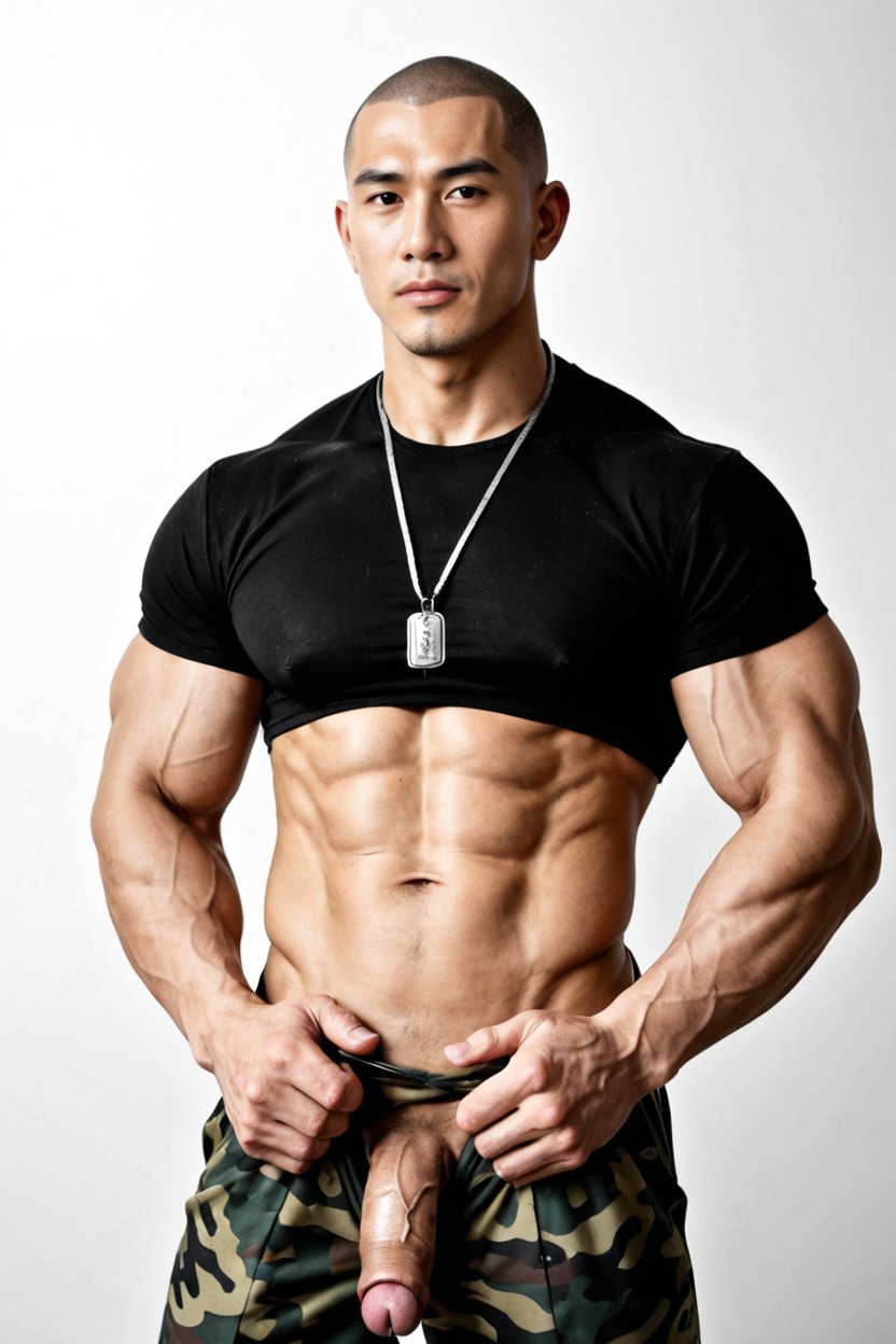 Thick Muscular Chest, Wearing Military-style Crew Neck T-shirt, Fierce Face AI Gay Porn