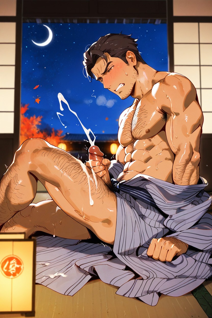 Dark Brown Hair, Sitting Cross-legged, Semi Cartoon Art AI Gay Porn
