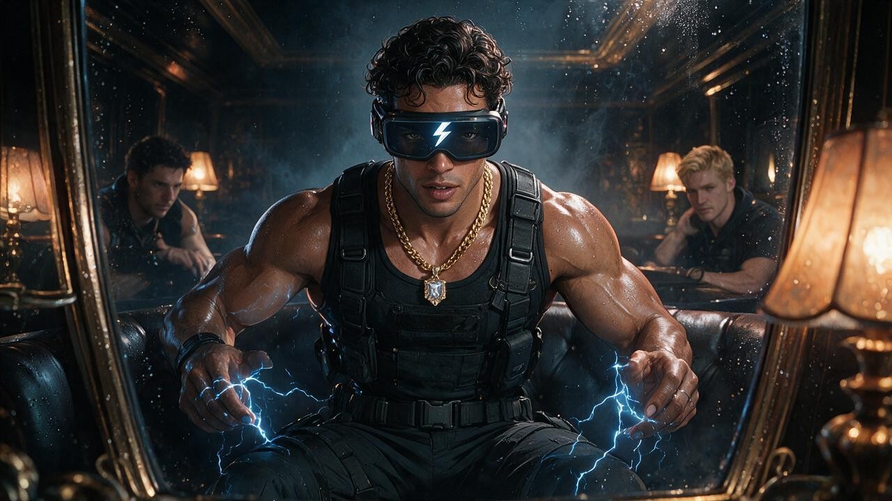 Sitting On Leather Couch In Private Vip Room, God Of Thunder As Special Ops Swat Team Soldier, Dripping Cum AI Gay Porn