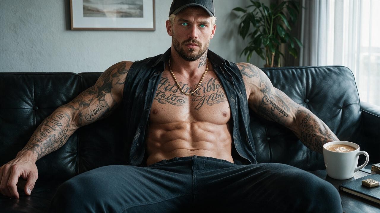 Masculine Jaw Extremely Tall, Tattoo Clearly Visible Across Chest In Script Lettering, Latino Porno gay IA