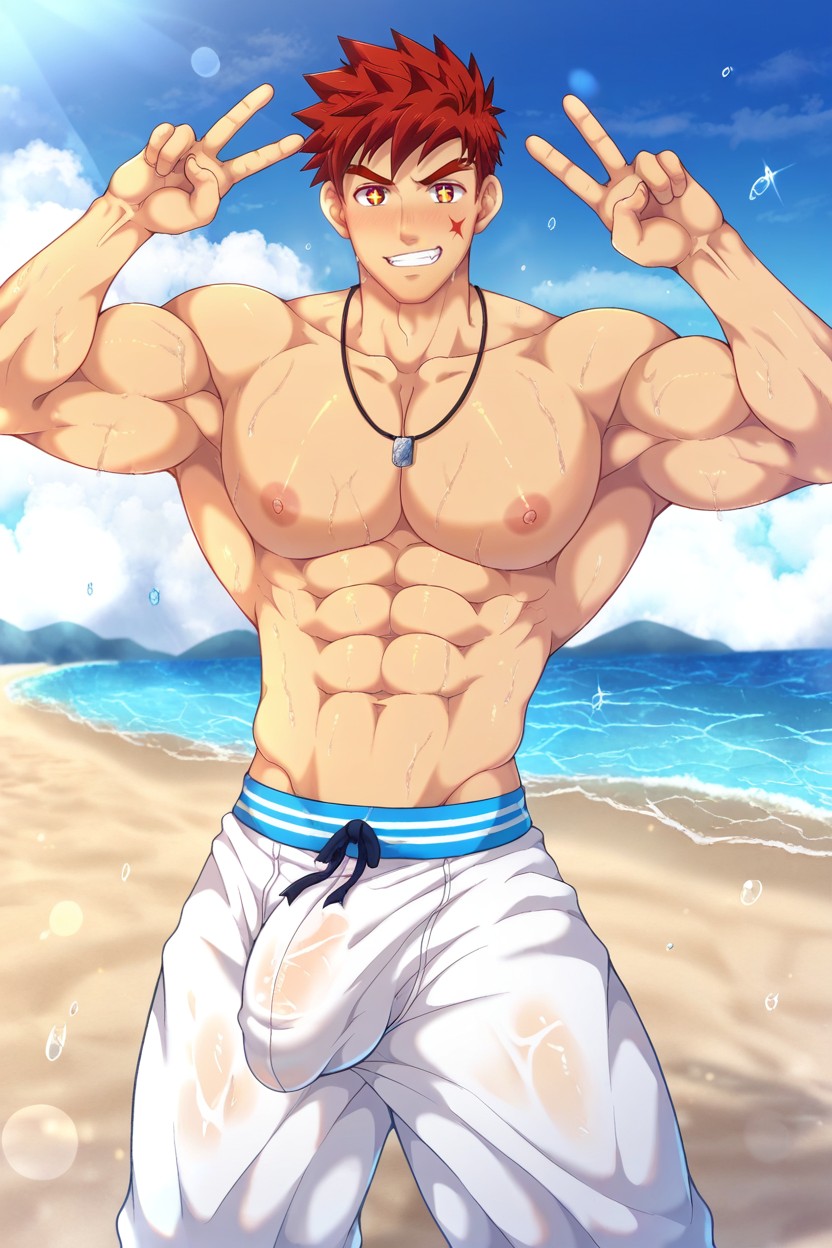 Sweaty, Beach, Topless AI Gay Porn