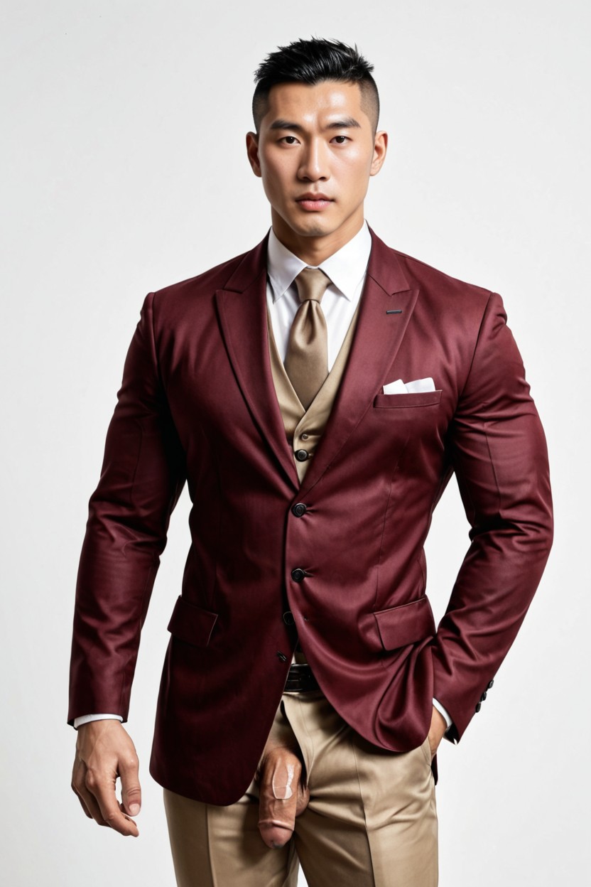 Tailored Beige Brown Formal Trousers, Fierce Face, Refined Sophisticated Appearance AI Gay Porn