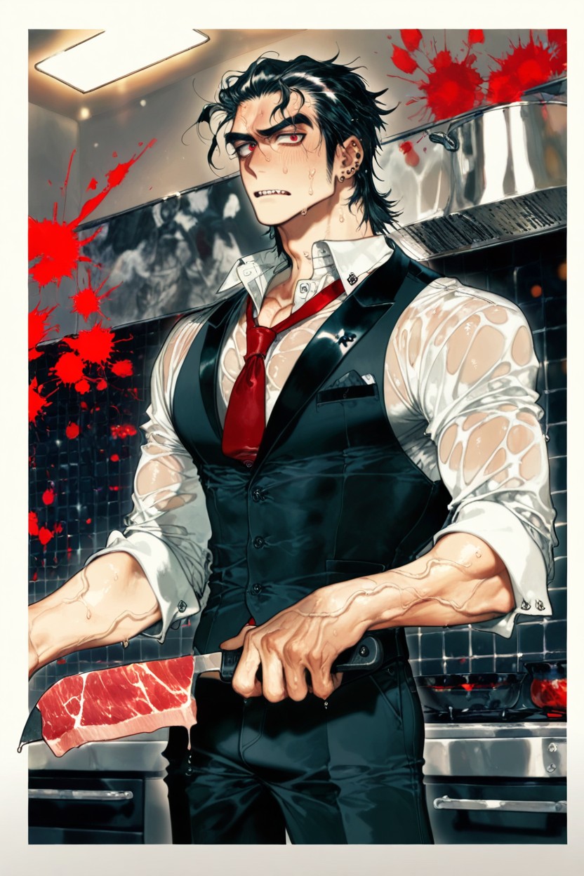 Well Dressed, High Definition, Black Plastic Kitchen Gloves AI Gay Porn