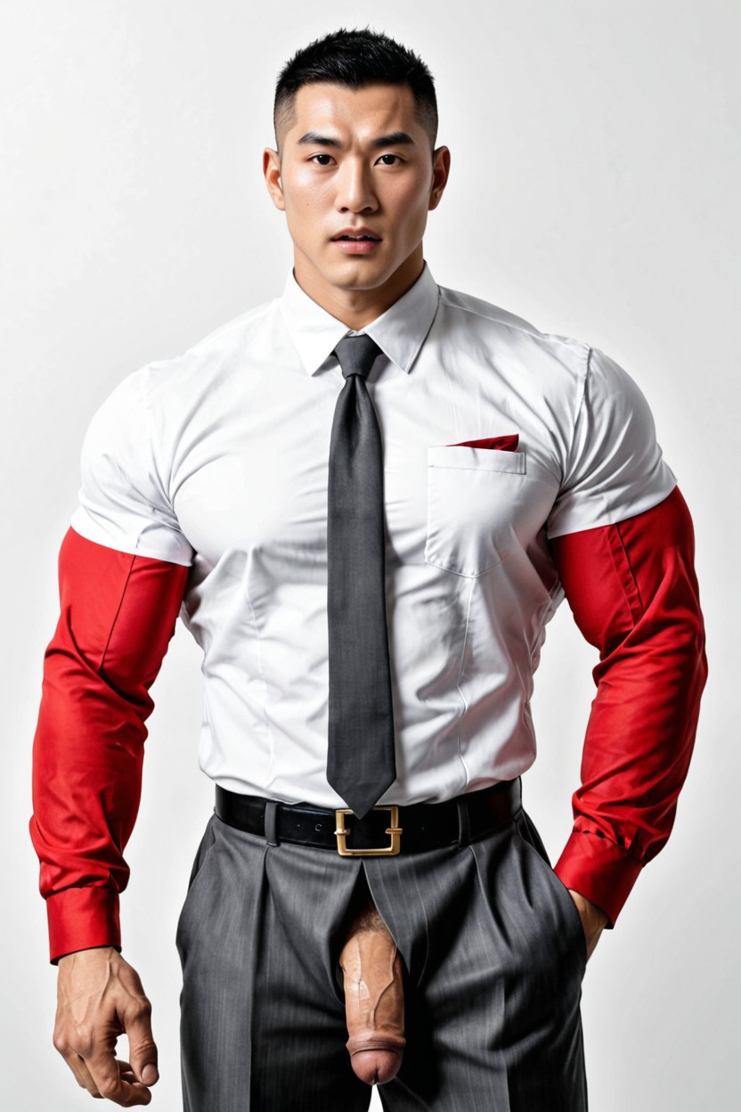 Shaved Hair, Oversized Muscles, With Moyen Uncut Dick Out Of Hole On The Pant AI Gay Porn
