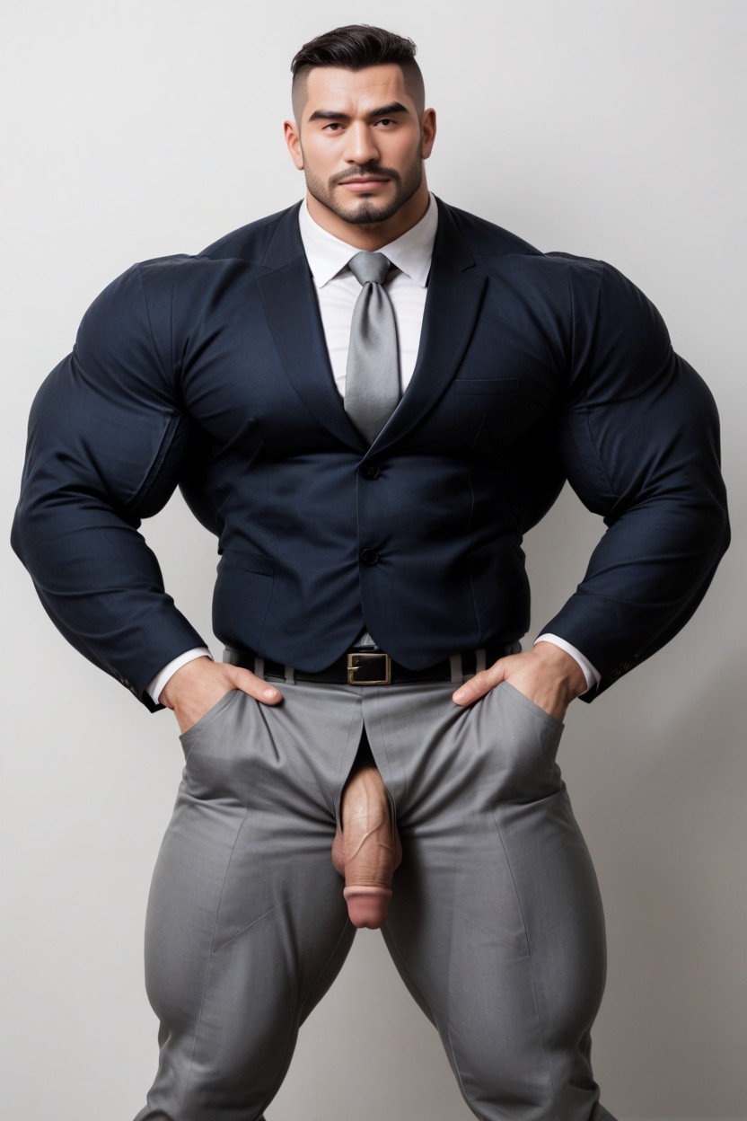Flaccid Penis Downward, Simple White Background, High-waisted Trousers AI Gay Porn