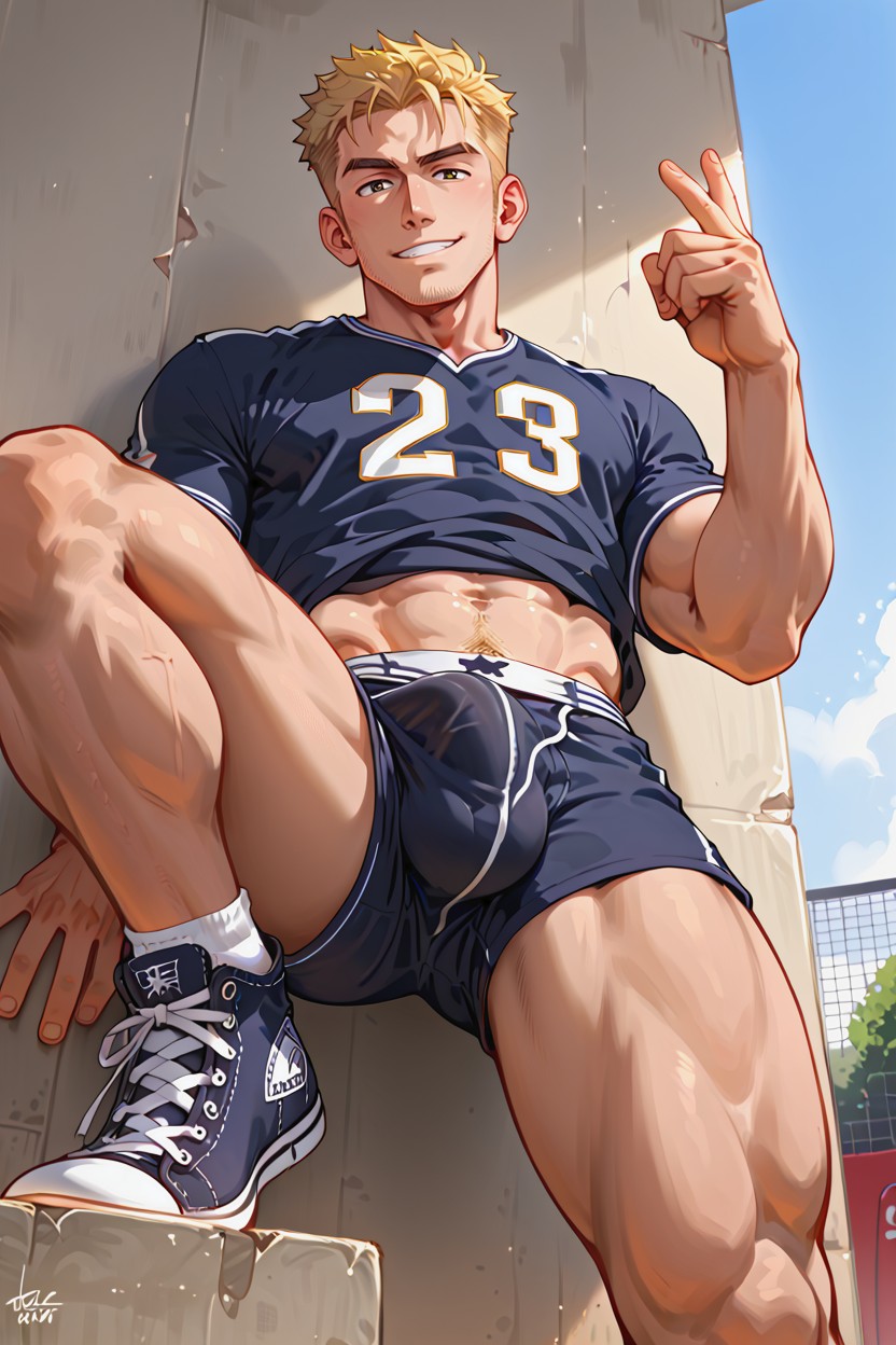 Penis Under Jersey, Jock, Nonchalant Pose AI Gay Porn