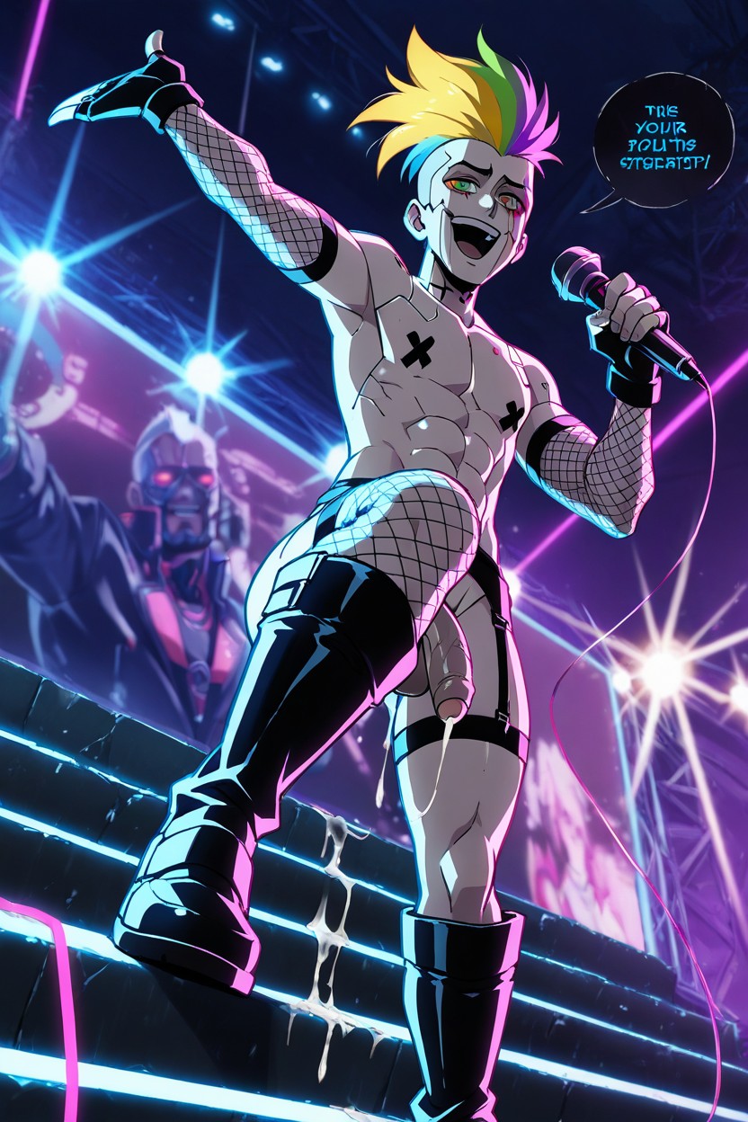 Rainbow Hair, Crazy Appearance, One Hand Holding A Microphone AI Gay Porn