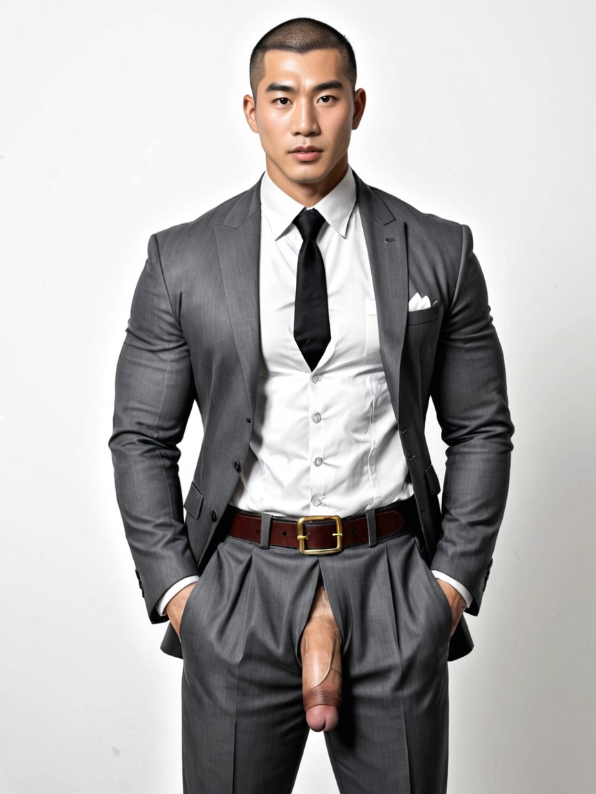 Lewd Emotion, Shirt Tucked Into Trousers, Simple White Background AI Gay Porn