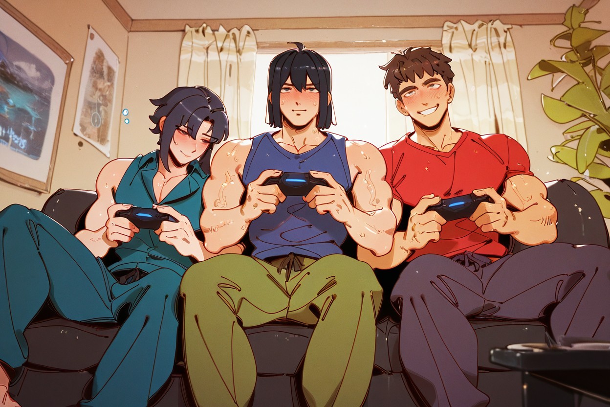 Blush, Three Sporty Anime Guys Sitting Side By Side Playing Videogames On The Couch, Nyuudles AI Gay Porn